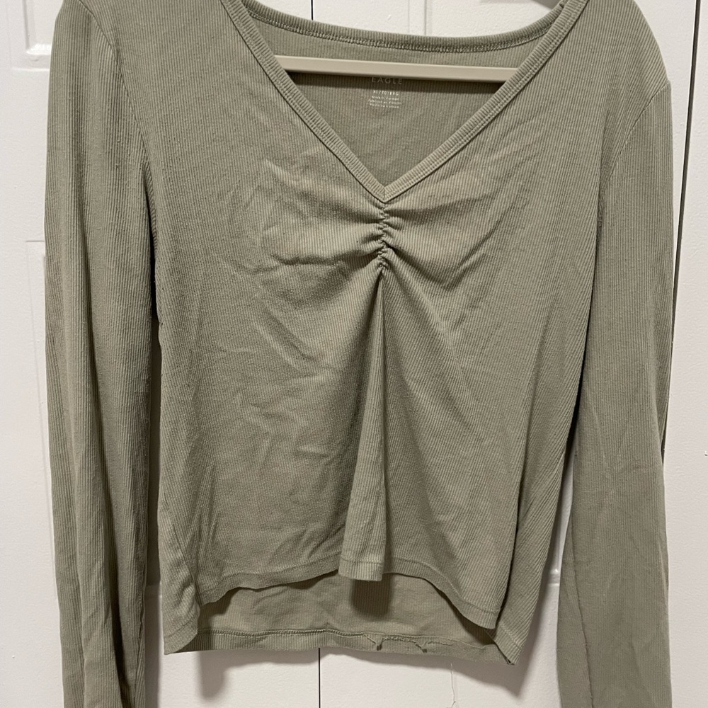 american eagle Sage Green V-Neck Long Sleeve Top